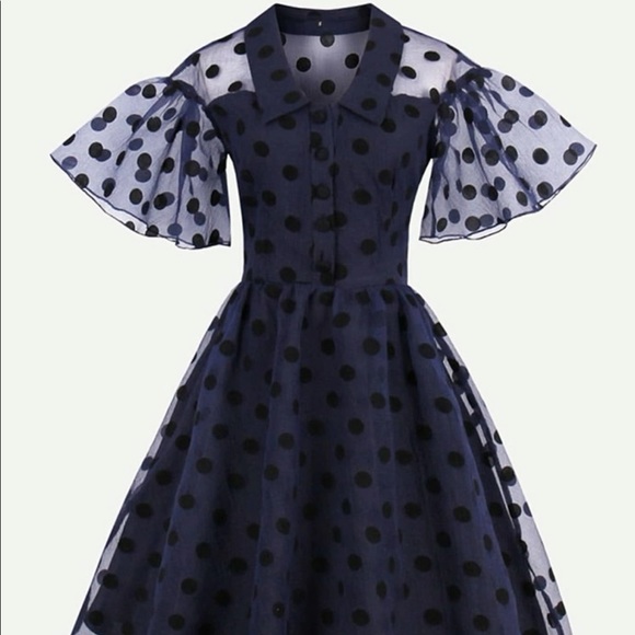 Dot Mesh Overlay Fluted Swing Collar Dress - Picture 3 of 5